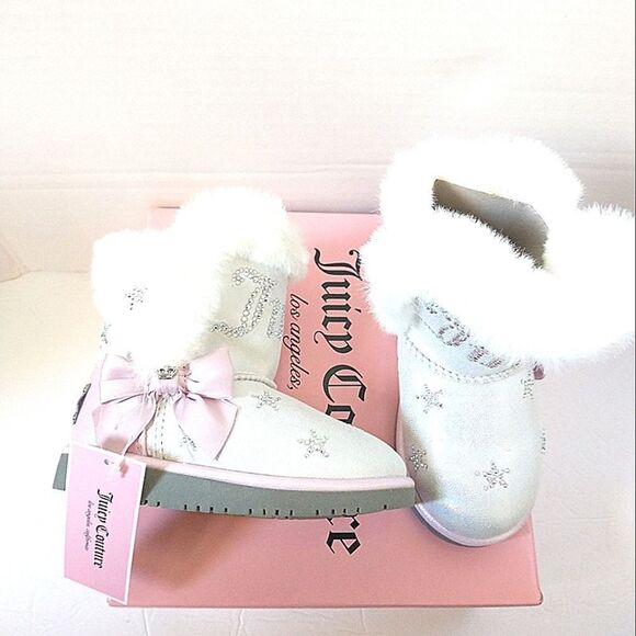 New! JUICY COUTURE Little Girls Glitter Rhinestone Logo Faux Fur Boots Booties 7 - Picture 7 of 11